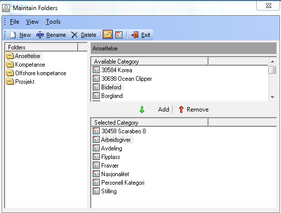 MAINTAIN FOLDERS En Folder (mappe) inneholder en eller flere Category s. Et eksempel på dette er Folder Ansettelse som kan inneholde f.eks. Category Stilling, Avdeling og Prøveperiode.