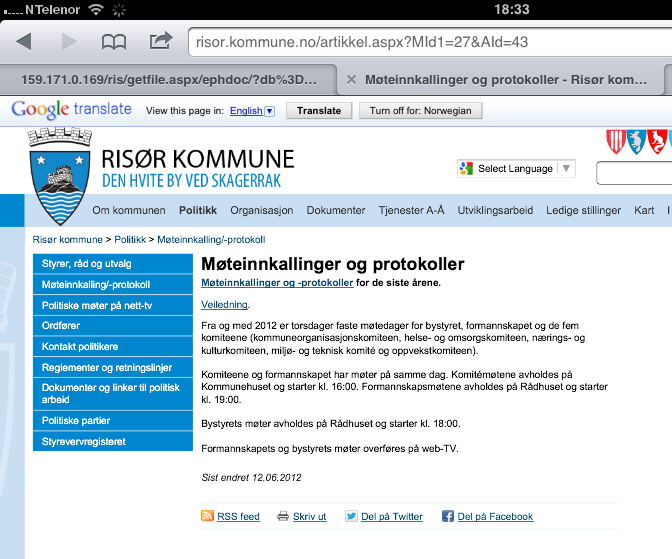 2 1. Laste ned dokument fra kommunens hjemmeside til GoodReader (Dersom du henter opp innkallingen via lenke i e-post, gå direkte til punkt 1.7) 1.1. Gå inn på www.risor.kommune.no 1.2. Velg Politikk Møteinnkalling/-protokoll fra globalmenyen 1.