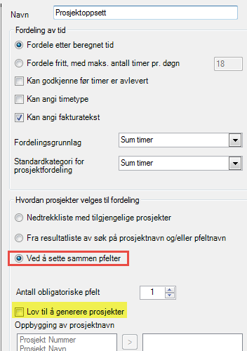 11. Filtrering av pfelter i prosjektfordeling i minwintid Denne funksjonen blir brukt dersom man har valgt at man skal legge til prosjekter «Ved å sette sammen pfelter», og det ikke er krysset av for