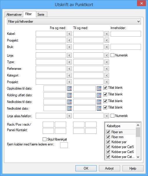Eksempel på arkfanen Filter for en utskrift hvor du kan velge den informasjonen du ønsker å ha med i utskriften. Utskriftsfilter utkoblet I rullefeltet velger du Filter av (vis alle).