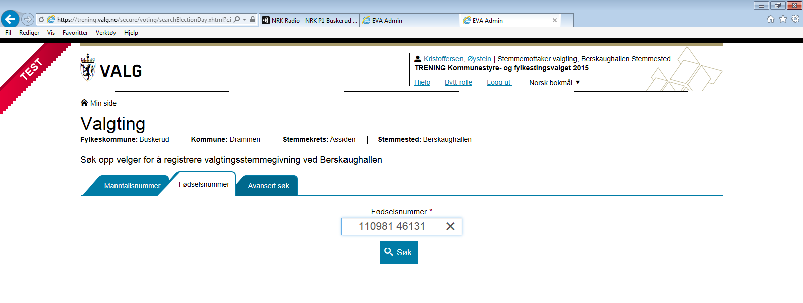 Følg med! Her får du opp informasjon om velger VELGER SOM MANGLER VALGKORT Dersom velger ikke har tatt med seg valgkort skal rollen Registrerer be om legitimasjon og sjekke identitet.