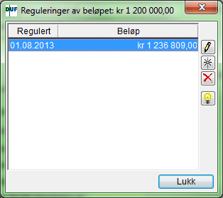 Skriv inn reguleringsdato og regulert beløp. Trykk på knappen Lukk for å lagre.