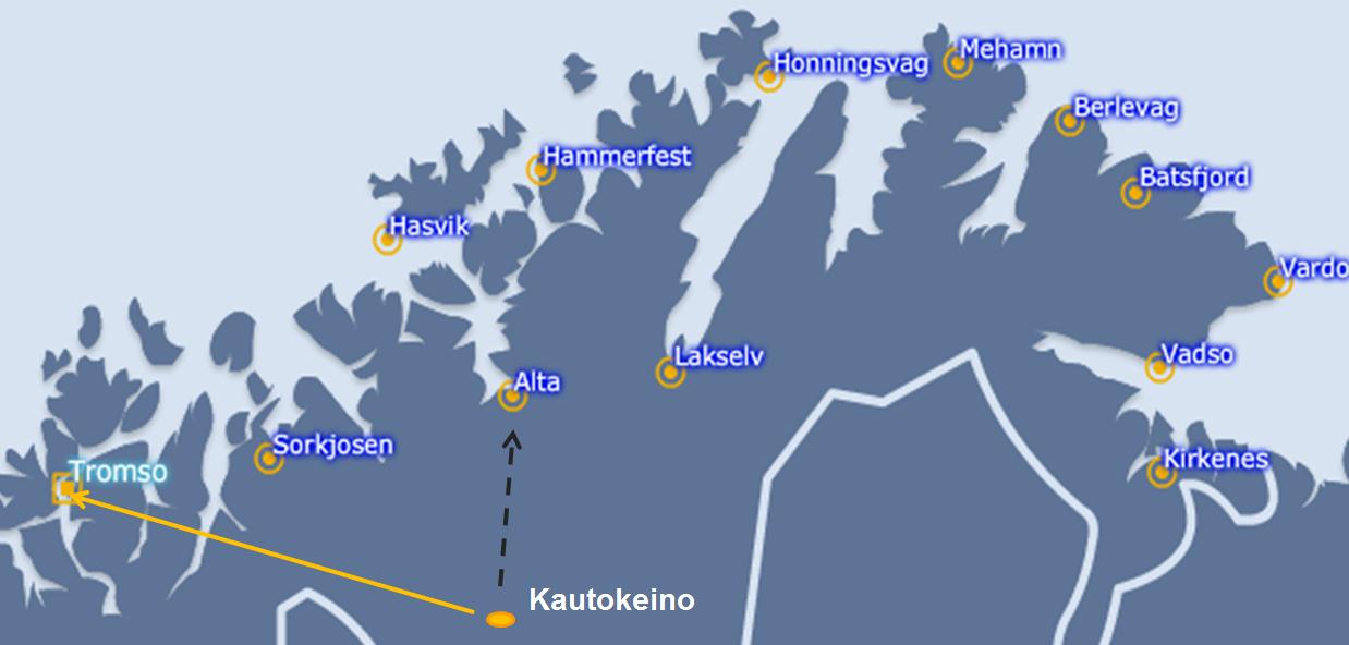 Figur 3-3 Mulig rutemønster til/fra Kautokeino Figur 3-4 Passasjerer (1000) til/fra nedslagsfeltet til