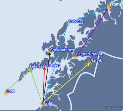 Tabell 3-6 Antall frekvenser til Bodø/Tromsø fra lufthavner i Lofoten/Vesterålen/Ofoten Lufthavn Andenes Leknes Narvik Røst Stokmarknes Svolvær Kode ANX LKN NVK RET SKN SVJ Bodø 3/4 7 3 2 6/7 7