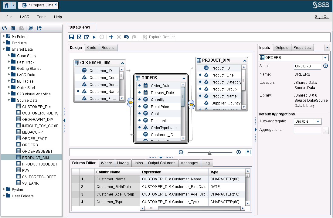 SAS VISUAL DATA BUILDER HVA ER SAS VISUAL DATA BUILDER? Lage dataspørringer fra en eller flere input tabeller.