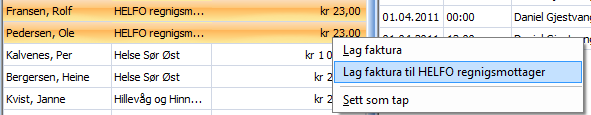Deretter høyreklikker man på navnet til den ønskede pasienten, i vårt eksempel Ole Pedersen. Da får man opp følgende valg: Her velger man Lag faktura til HELFO regningsmottager.