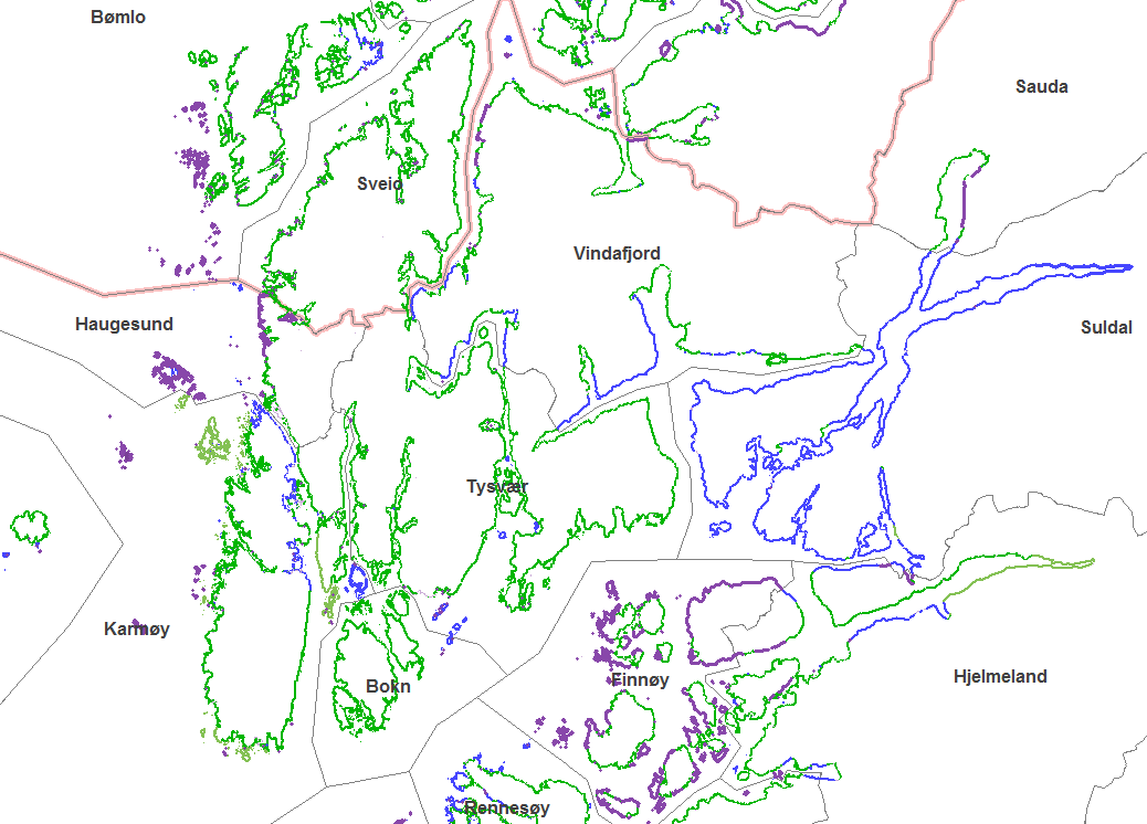 Figur: Kystkontur i nordlige deler av Rogaland. Manglende samsvar mellom sjøkartkyst og landkartkyst skaper problemer ved produksjon av sjøkart.