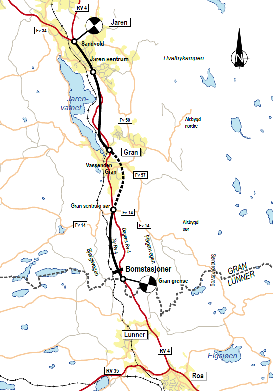 Trafikknotat Bompengefinansiert utbygging av rv 4 Gran grense - Jaren 10 men ellers en noe høyere standard enn Bjørgevegen Det foreligger ikke trafikktellinger av nyere dato her, men begge disse