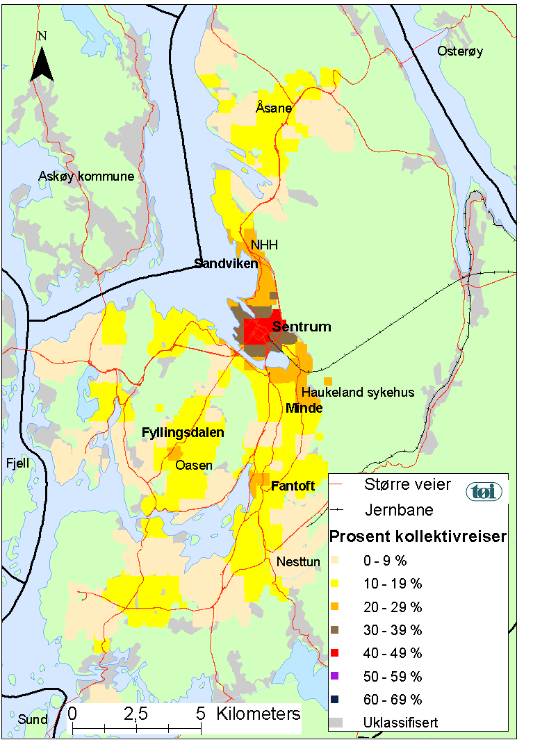 Figur 4.18: Kollektivandel til ulike reisemål i Bergen tettsted ikke medregnet reiser til eget hjem. Kollektivreiser som prosent av motoriserte reiser. Yrkesdøgn.