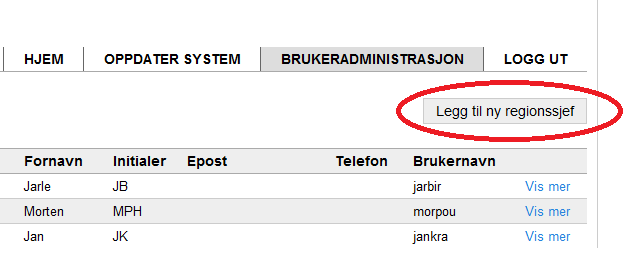 Figur 1 Brukergruppe sortering 5.1.3.2 LEGGE TIL NY REGIONSSJEF Det er kun mulig for administrator å legge til en regionssjef.