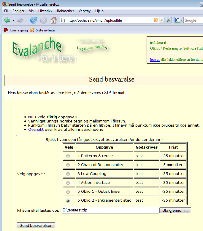 Dette eksemplet er fra Evalanche, som krever at sammensatte innsendinger er i formatet zip.