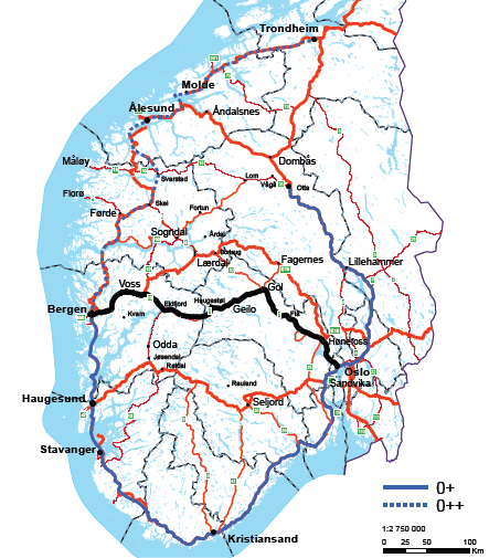 Øst-vest-utredningen Rv 7 over Hardangervidda, via Gol Rute Utbygd rv 7 over Gol ÅDT 2050 Rv 15 Strynefjellet Investeringskostnad: Neddiskontert nytte: Nettonytte: Reisetidsreduksjon: Ny reisetid: