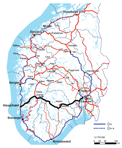 Øst-vest-utredningen E134 over Haukeli, via Seljord Rute Utbygd E134 over Seljord ÅDT 2050 Differanse uf. ref.