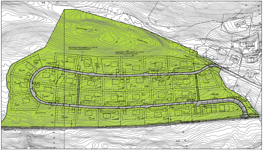 Bilete 3: illustrasjon byggesteg 1 øvste del av planen med 14 tomtar Bilete 4: illustrasjon byggesteg 2 inkl.