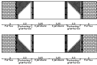 7 Horisontalsnitt med parkering Fig 34 viser plass for parkering Belegning i asfalt i kjørebane, kantstein av naturstein, linjer og rammer i gatestein Parkeringsarealet belegges med asfalt Fortau