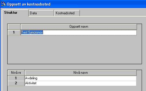 Oppsett I definisjon av kostnadssted skal du gjennom 3 nivåer: 1. Struktur for kostnadssteder 2. Opprette navn for nivåene i strukturen 3. Opprette selve kostnadsstedene dvs.