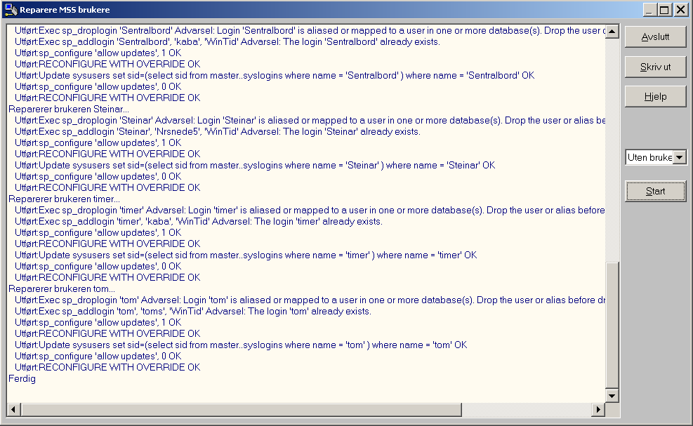 Reparere MSS-brukere Når du installerer WinTid opprettes brukere av WinTid databasen både i WinTid og som data logins i masterdatabasen.