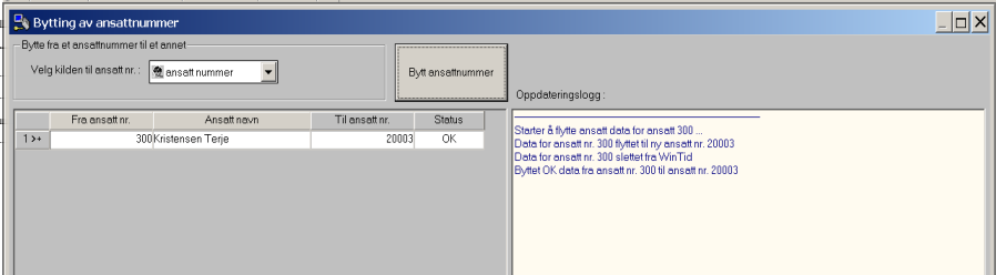 Bytting av ansattnr. Bytting av ansattnummer er en omfattende jobb da alle resultater er merket med ansattnummer. Programmet må lete igjennom alle tabeller for å utføre byttet.