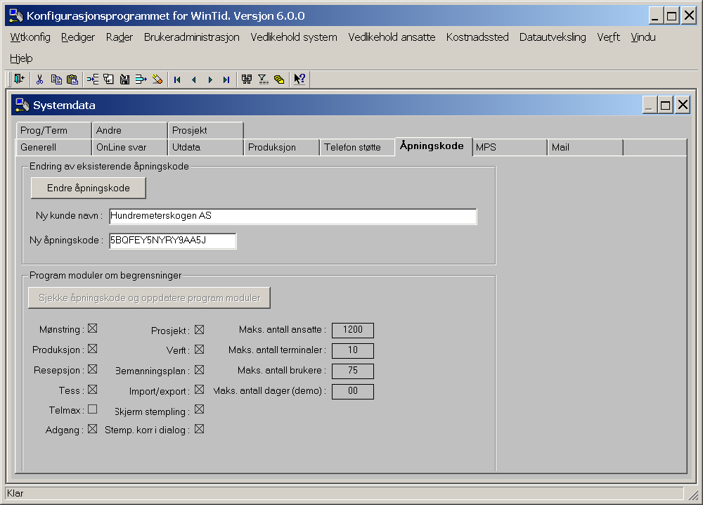 Åpningskode Systemdata Endring av eksisterende åpningskode Når du skal endre lisens i WinTid, får du tilsendt ny åpningskode på e-post.