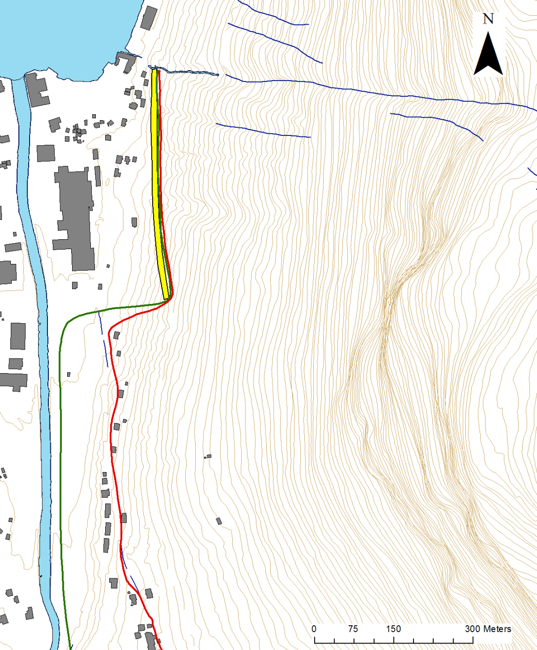 Vik kommune. Detaljkartlegging av skredfare fra Seimsfjellet 53 Skredrisikoen er størst på Vetleøyri. Vi anbefaler at det bygges en skredvoll som antydet på Fig. 49 for å sikre området mot jordskred.