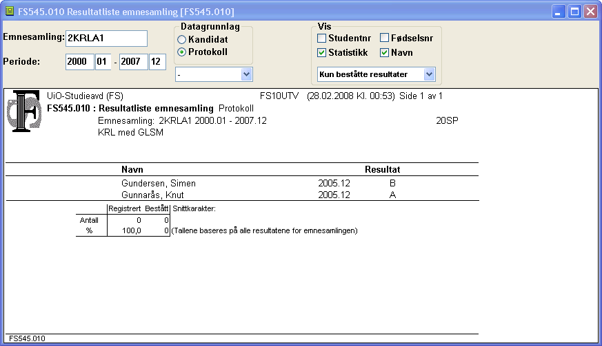 FS545.001 Arbeidsliste emnesamling (Vurdering/Rapporter/Emnesamling) - 23 - Bestilles for emnesamling og år-måned. Data kan velges fra Kandidat- eller protokollområdet.