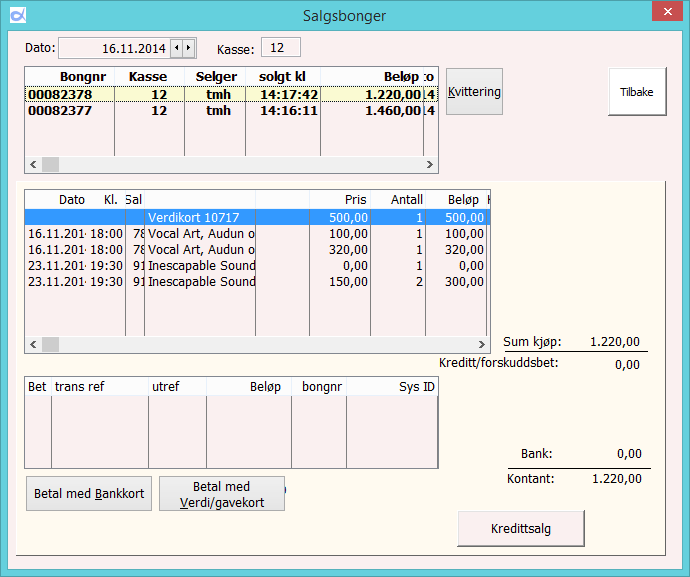 6.2 Salgsbonger / handlekurver Ved å trykke Ctrl A får du opp oversikt over utførte salg, med det sist utførte øverst.