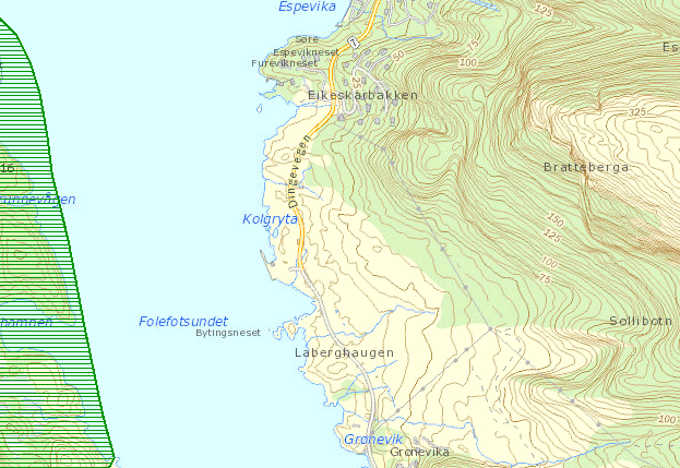 område ligg bratt terreng med skog. Gjennom området går det små bekkar utan registerte funn av fisk.