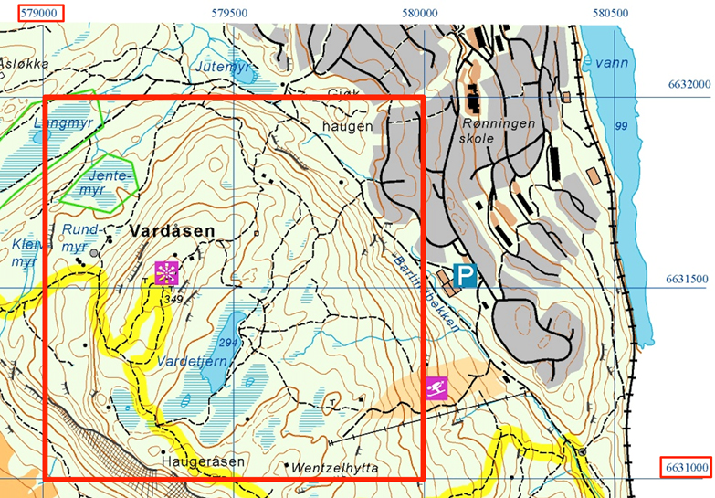 Den store røde ruten er 1 km x 1 km: Grovt eksempel: Hele Vardåsen befinner seg i den røde ruten: 0579 6631 Fint eksempel: Utsiktspunktmerket, (lilla firkant med stjerne) har kart referanse: 579300