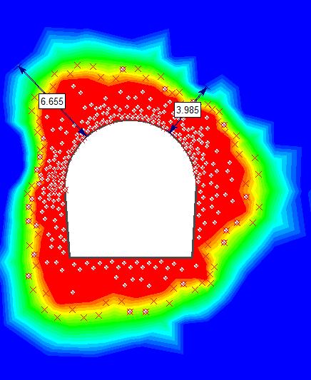 Sikring av tunnel: I denne simuleringen er det valgt å se på nødvendig boltelengde for god forankring.
