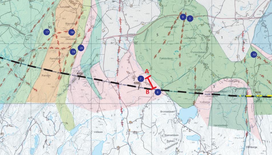 skyldes at dette området har den laveste fjelloverdekningen. Figur 71 viser tverrslagets påhugg i terrenget (A), samt avstand fra traséen.