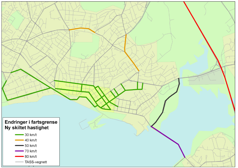 2.5 Vegnett - Endring i hastigheter i Hamar sentrum Gater og/ veger der det er gjort endring i hastighet er vist på figur 2, under. Det er lagt inn 30 km/t i Hamar sentrum.