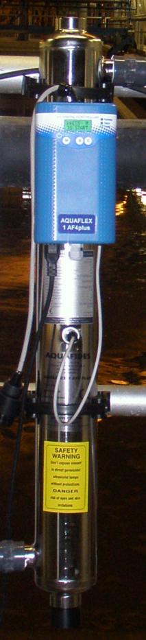 Pilotforsøk flytskjema og UV-lampe UV-lampe Aquaflex 1 AF4plus fra Aquafides Med spesiell coating på kvartsglasset for å hindre beleggdannelse Flytskjema