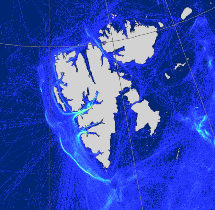Figur 17 viser tettheten av skipsspor for Svalbard.