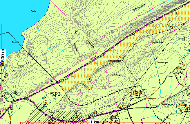 Sak 18/15 Utsnitt fra kommuneplanens arealdel for området Kallklova. Oransje skravur; området åpnet for spredt hyttebygging. Lys grønn farge; LNF-område med forbud mot bygging.