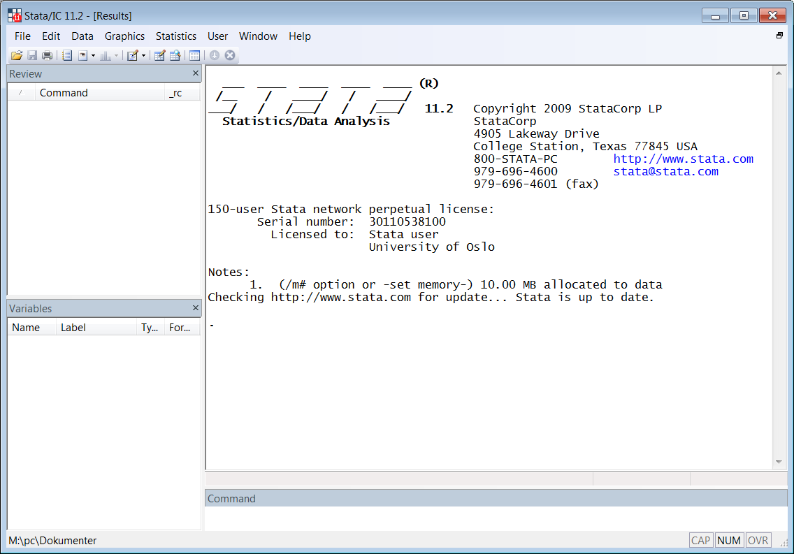 Åpne Stata Når programmet er ferdig installert kan du åpne programmet ved å klikke på Start All Programs Stata Stata[versjon].