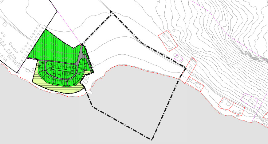 Figuren over viser mulig avgrensing av planområdet, markert med svart stiplet strek. 2.4 Eiendommer som omfattes av detaljreguleringen. Planområdet omfatter deler av gnr. 97, bnr.
