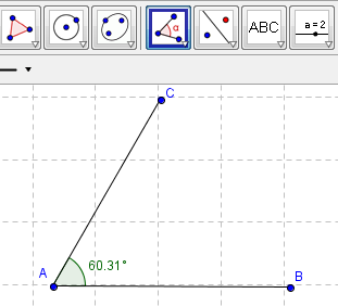 Vinkelen mellom to linjestykker 1 Tegn en vinkel ved å tegne to linjestykker med Begge skal starte i det punktet som blir vinkelens toppunkt. 2 Velg verktøyet Vinkel.