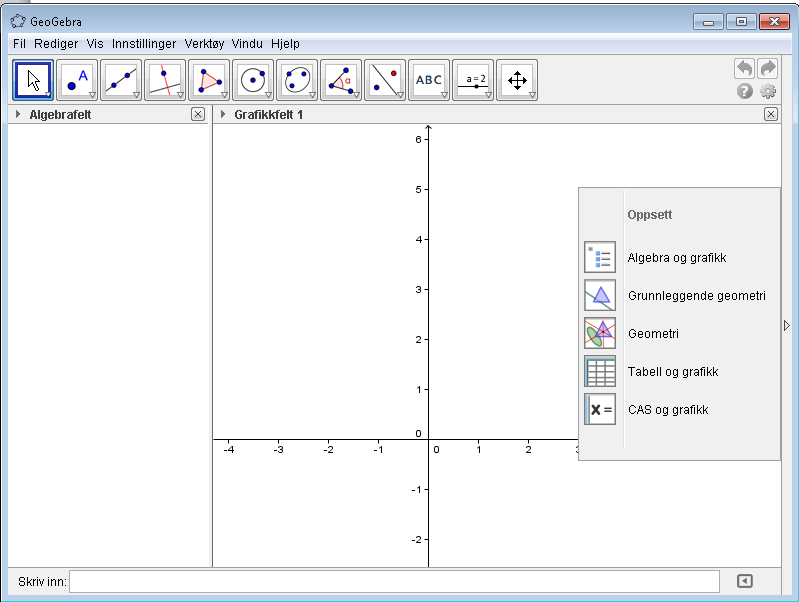 Skjermbildet i GeoGebra Når du starter GeoGebra ser skjermbildet vanligvis slik ut: Menylinje Angreknapp Aktivt verktøy med mørkeblå kant Verktøylinje Algebrafelt Grafikkfelt Inntastingsfelt Velge