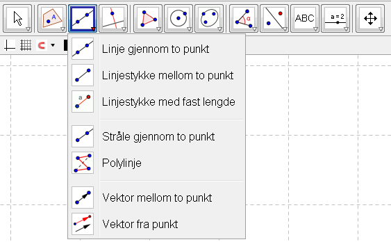 Linjer I GeoGebra kan du tegne en linje et linjestykke en stråle Alle disse verktøyene ligger under den samme knappen. Oppgave 6 a Avsett to punkt A og B. Tegn én linje som går gjennom de to punktene.