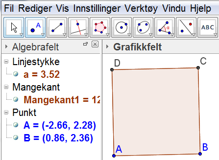 Regulær mangekant Vi velger verktøyet Regulær mangekant. Vi klikker i Grafikkfeltet og lager punkt A og punkt B. Samtidig kommer dette vinduet opp.