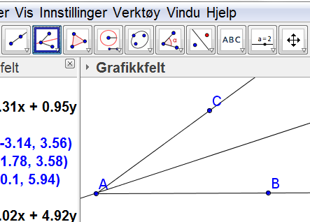 Halveringslinje for en vinkel Vi velger verktøyet Halveringslinje for vinkel. Vi har to linjer/stråler som skjærer hverandre.