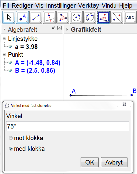 Vinkler og målinger Vi klikker på den lille pilspissen for å se hvilke målinger vi kan gjøre. Med Vinkel måler vi størrelsen på en vinkel.