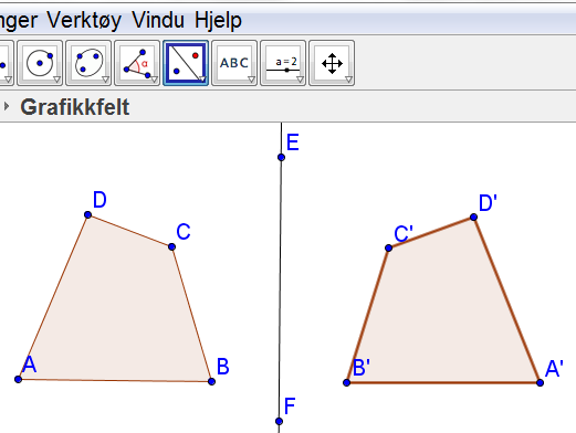 Speiling og rotasjon Vi klikker på den lille pilspissen for å se hvilke verktøy som finnes til denne knappen. Vi skal bruke tre av disse: Speile en figur om en linje. Speile en figur om et punkt.