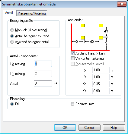 08.11.2010 60 Installasjon Velg den som passer for den tyåe symmetrisk plassering som skal foretas. Når område er valgt eller definert åpnes dialogen for å gi antall som skal plasseres.