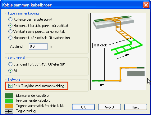 08.11.2010 75 Installasjon Referanse side brukes til å velge side av kabelbroen som skal legges inntil de punkter du gir ved tegning (Tilsvarende som for kabelkanal). Trykk [OK] for å tegne valgt bro.