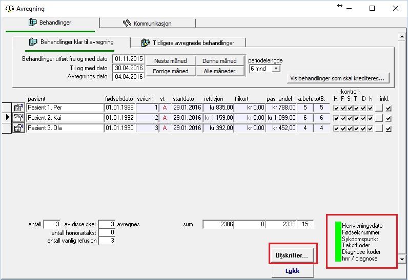 Når kontrollfeltene nede til venstre viser grønne ruter skal oppgjøret være klart til å sendes inn til HELFO. Trykk på Utskrifter for å ta oppgjøret.