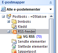 RSS Nyhetsstrømmer En ny funksjon i Outlook er at du kan abonnere på nyheter i innboksen. En forutsetning er at leverandøren støtter RSS. For å legge inn en RSS fra f.