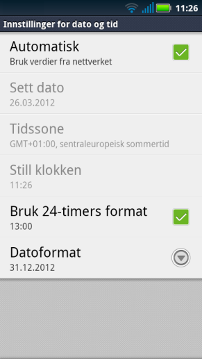 6.14 Dato og tid Dato og tid stilles vanligvis automatisk via informasjon fra nettverket, men hvis man ikke er koblet opp via mobilt bredbånd eller trådløst nettverk, fungerer det ikke.