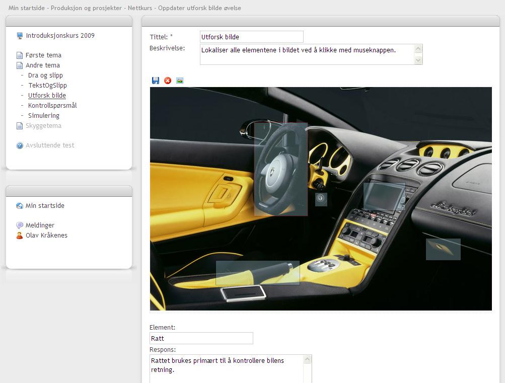 Skriv inn tittel på oppgaven og introduksjon til oppgaven. Lag så Klikk områder med musepekeren. Skriv inn navn på element som skal klikkes på, og eventuelt respons.
