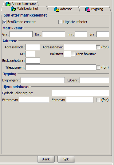 Øverst i søkevinduet er der 4 ulike faner. Annen kommune: Her kan en søke frem matrikkelenheter eller bygning i annen kommune.